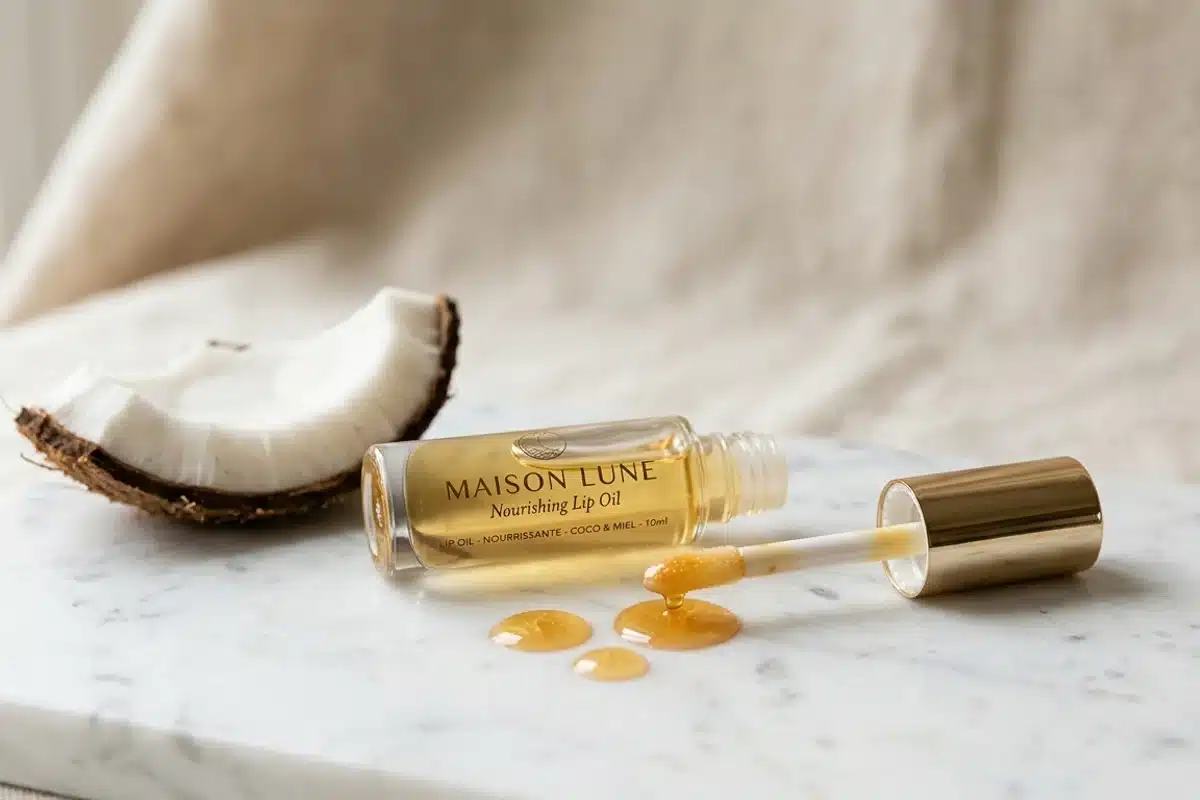 flacon d'huile à lèvres posé sur marbre blanc avec noix de coco et huile d'argan