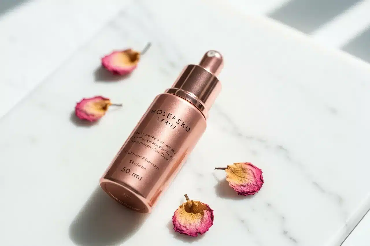 Flacon d'huile à lèvres teintée sur fond de marbre blanc avec pétales de rose