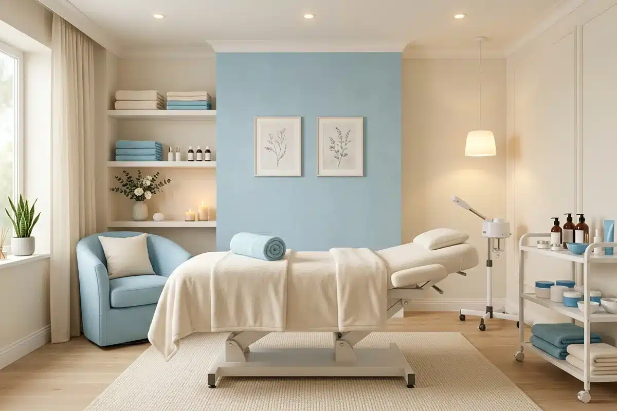 Cabine de soin dans un institut de beauté Cabine de soin professionnelle dans un institut de beauté avec table et produits cosmétiques