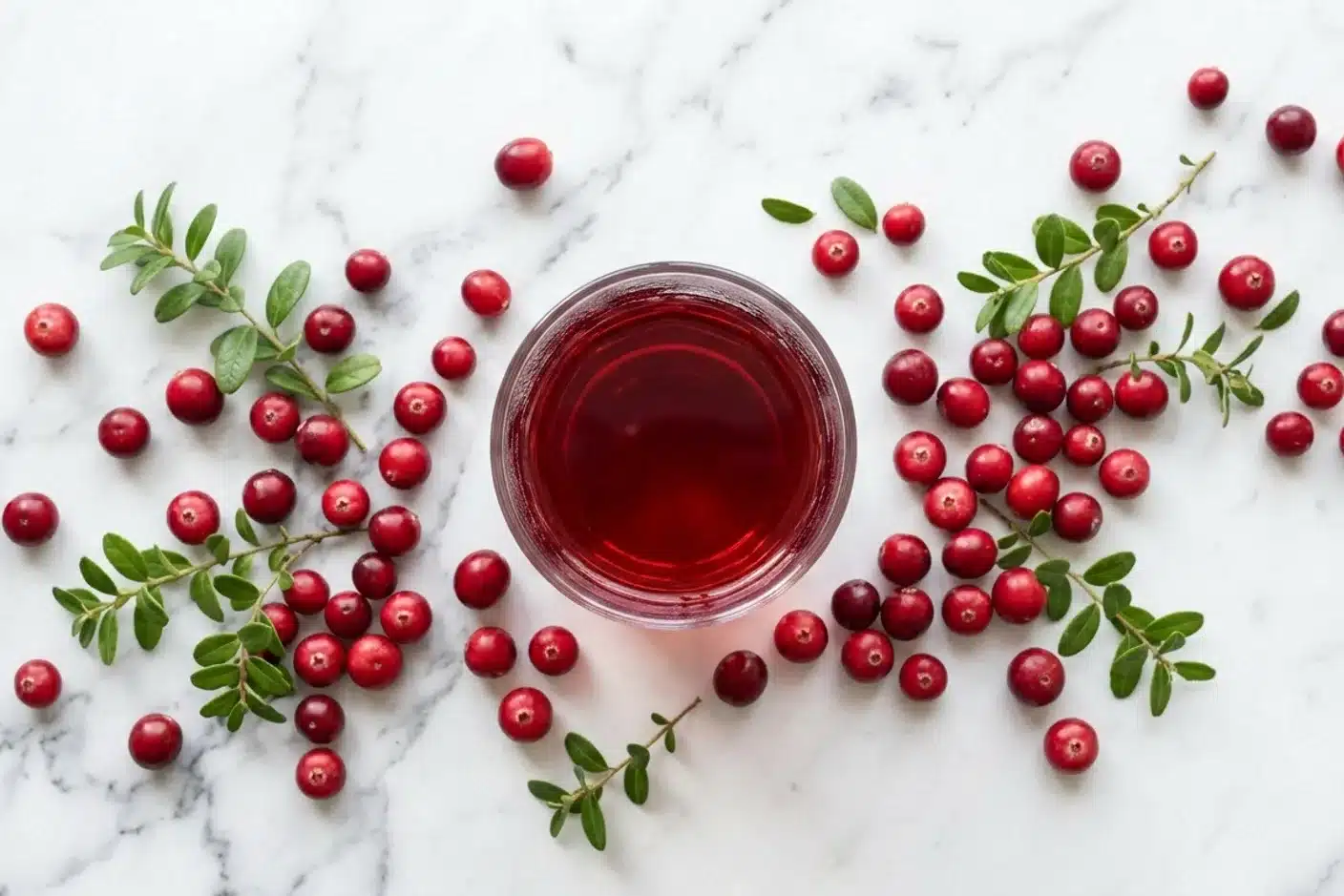 Verre de jus de canneberge et cranberries fraîches pour prévenir les infections urinaires