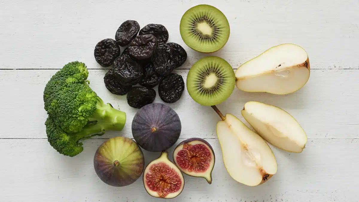 Fruits et légumes laxatifs naturels : pruneaux, kiwis, figues, poires et brocoli sur fond blanc