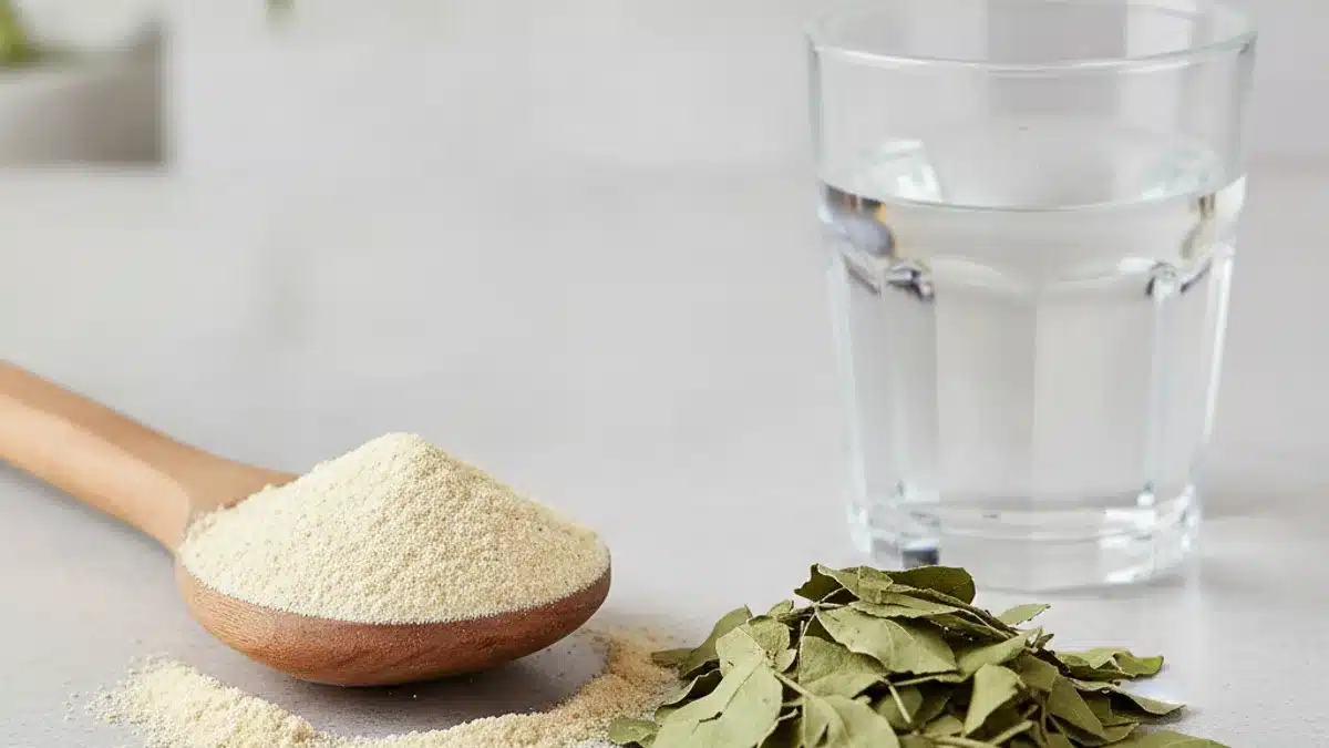 Psyllium en poudre sur une cuillère en bois à côté de feuilles de séné séchées et un verre d'eau
