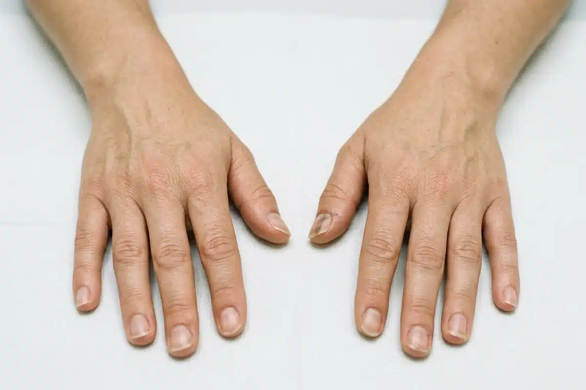 Mains adultes avec ongle décoloré bande suspecte deux mains posées à plat montrant un ongle du pouce avec une légère bande sombre à surveiller
