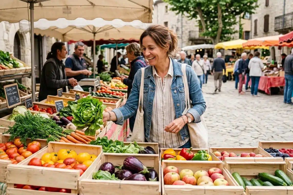 Achat de légumes et fruits frais au marché Femme choisissant des légumes et des fruits frais sur un étal de marché en plein air