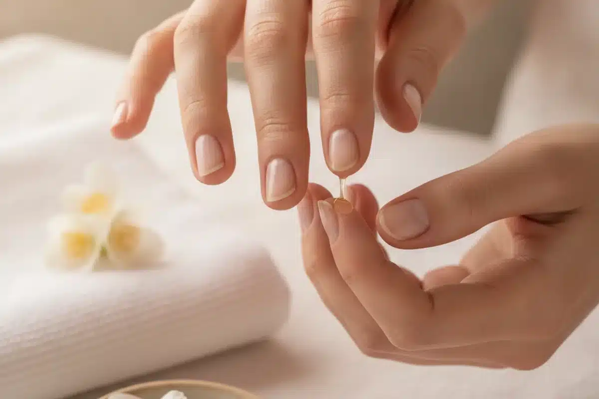 Massage des cuticules à l'huile pour favoriser la croissance des ongles Massage des cuticules avec huile végétale pour stimuler la croissance des ongles