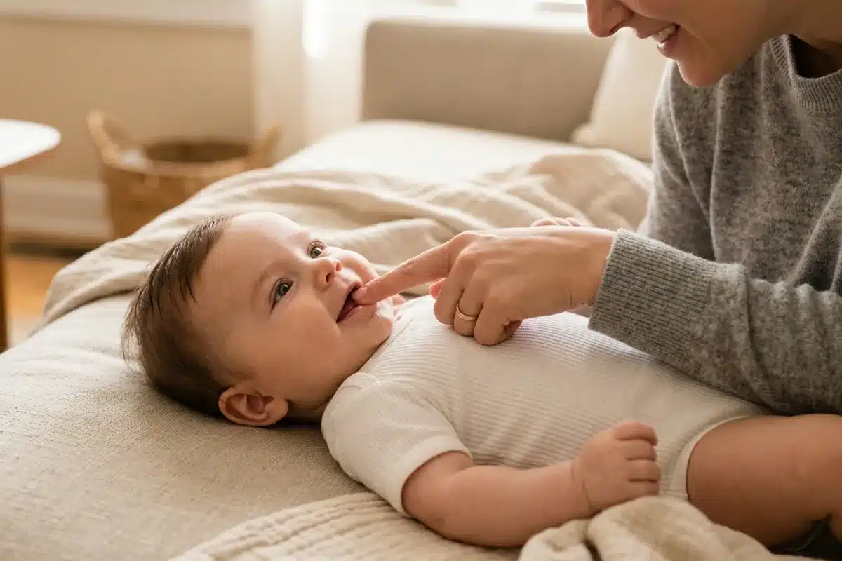 Massage gencive bébé dentition Doigt d'un parent massant doucement les gencives d'un bébé lors d'une poussée dentaire