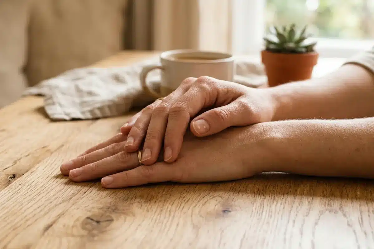 Mains sur table en bois avec taches blanches sur les ongles Mains reposant sur une table en bois clair, ongles courts soignés présentant de petites taches blanches ponctuées liées à des microtraumatismes