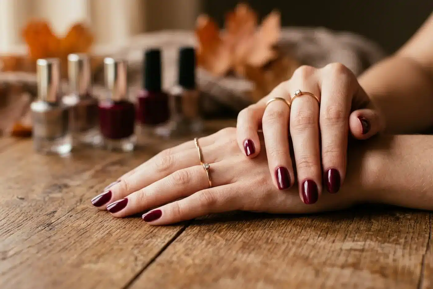 Ongles en bordeaux pour l'automne Gros plan de mains aux ongles vernis bordeaux posées sur une table en bois, couleur emblématique de l'automne