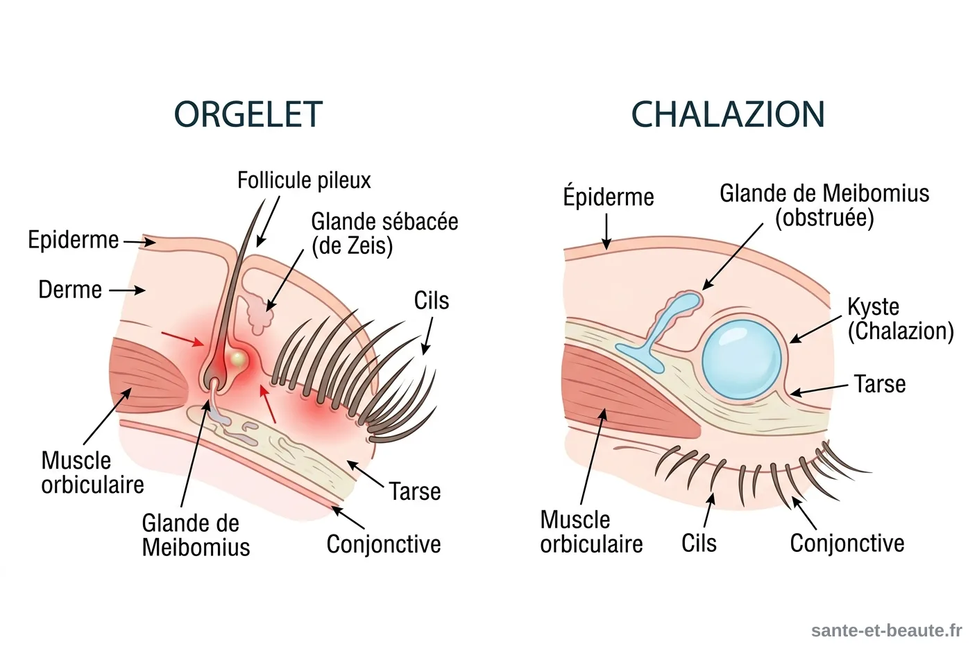 Schéma comparatif orgelet vs chalazion - différences anatomiques Schéma illustrant les différences anatomiques entre un orgelet et un chalazion sur la paupière