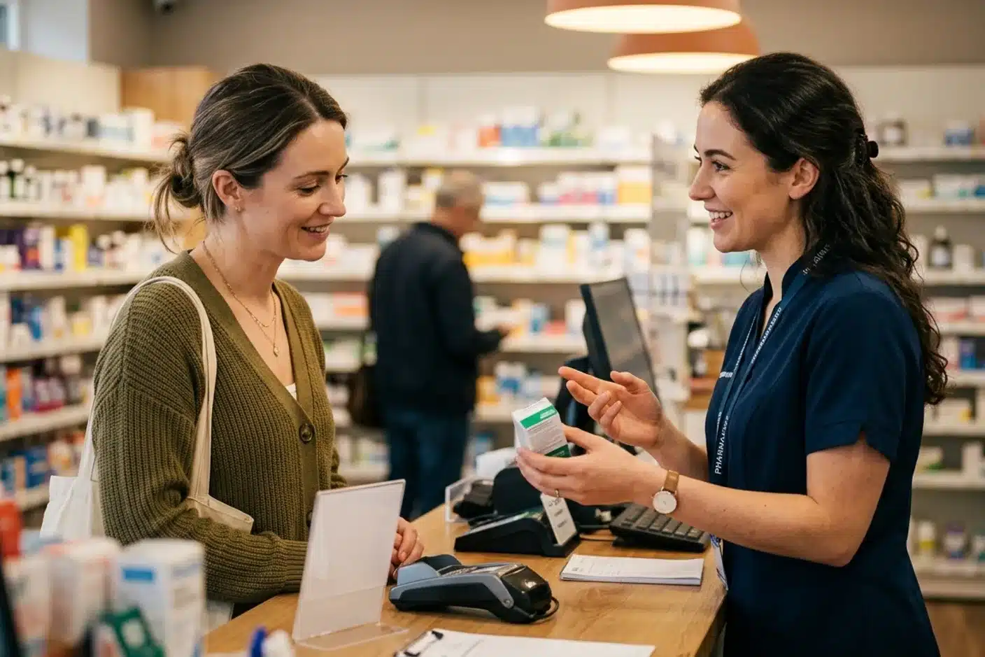 Femme consultant une pharmacienne pour une paupière gonflée Femme discutant avec une pharmacienne au comptoir d'une pharmacie pour traiter une paupière gonflée