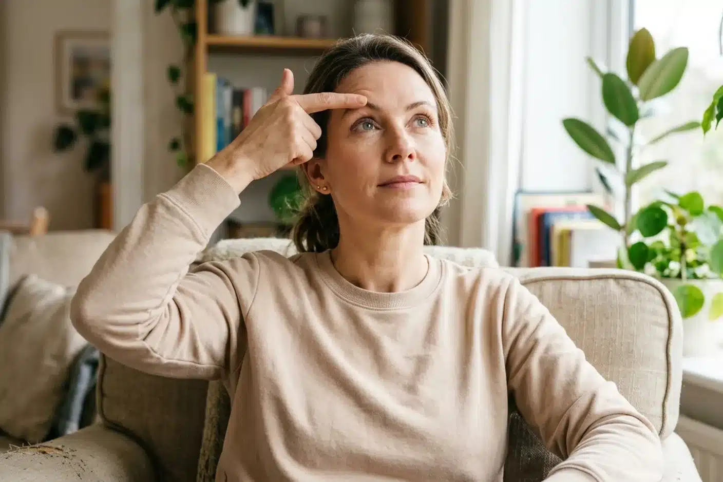 Exercice de musculation du muscle releveur de la paupière Femme d'une quarantaine d'années pratiquant un exercice de musculation des paupières, doigt sur le sourcil