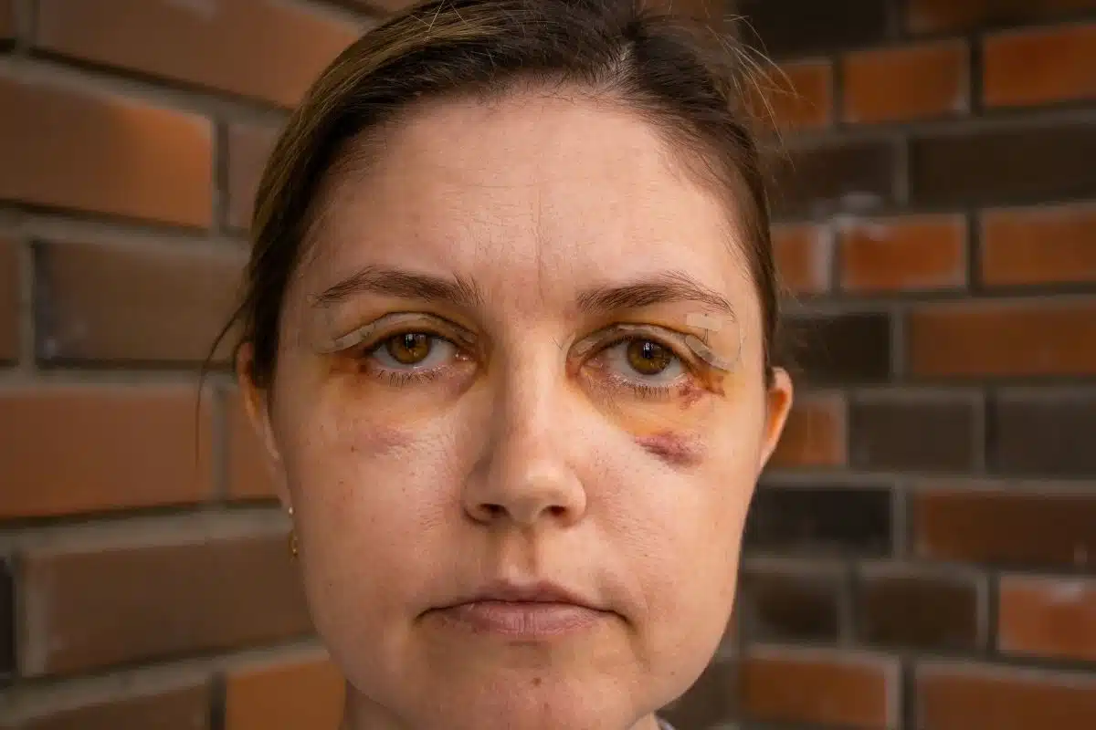Suites d'une blépharoplastie des paupières visage d'une femme après une blépharoplastie, sutures et ecchymoses autour des paupières