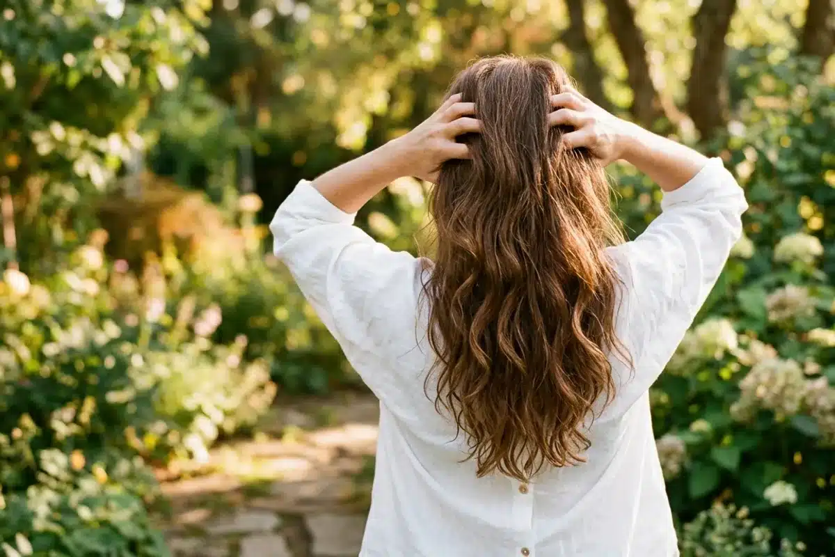 Femme de dos massant ses cheveux longs châtains dans un jardin verdoyant pour prévenir les pellicules