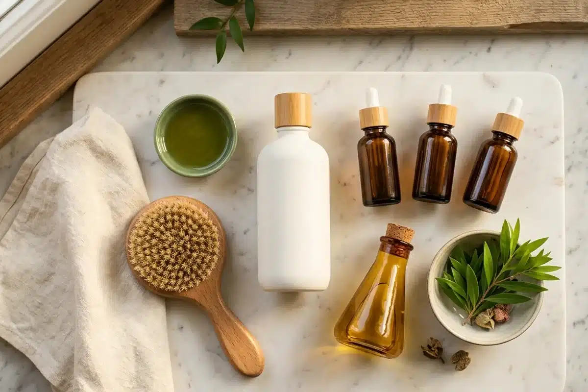 Produits capillaires naturels antipelliculaires : shampooing doux, huiles essentielles et extraits de plantes sur marbre