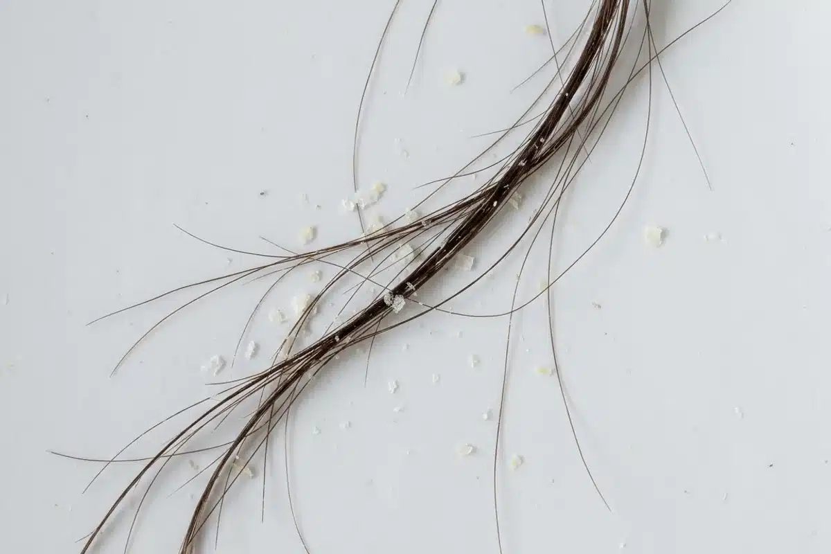 Mèches de cheveux bruns avec pellicules blanches visibles sur fond blanc, illustrant les types de squames