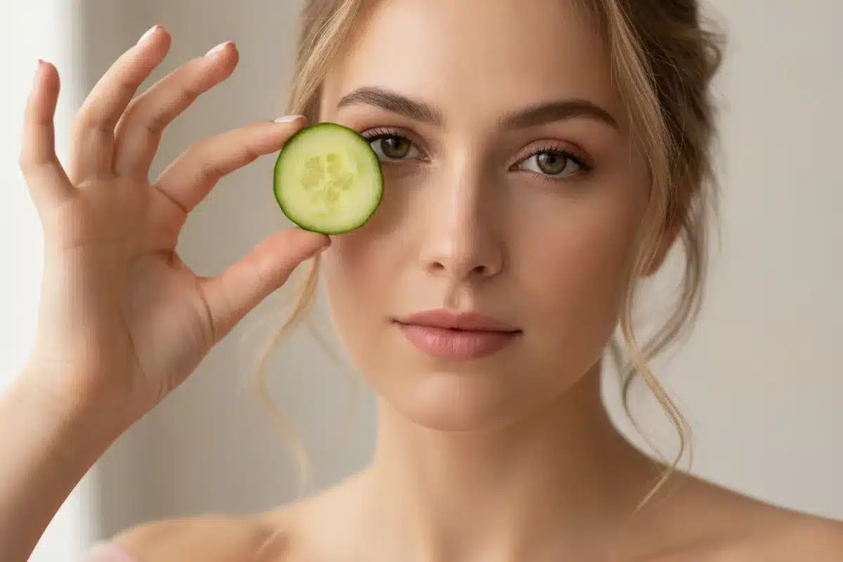 femme appliquant une tranche de concombre froide sous l'oeil pour réduire les poches