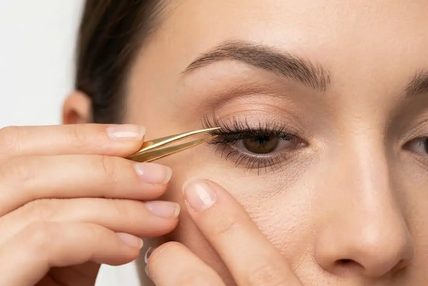 Pose de faux cils à la pince à épiler sur paupière Mains appliquant une bande de faux cils sur la paupière supérieure avec une pince à épiler fine