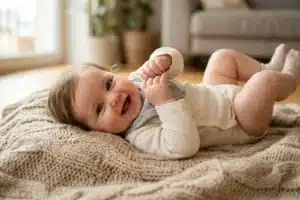 Bébé souriant avec légère salivation, signe de poussée dentaire