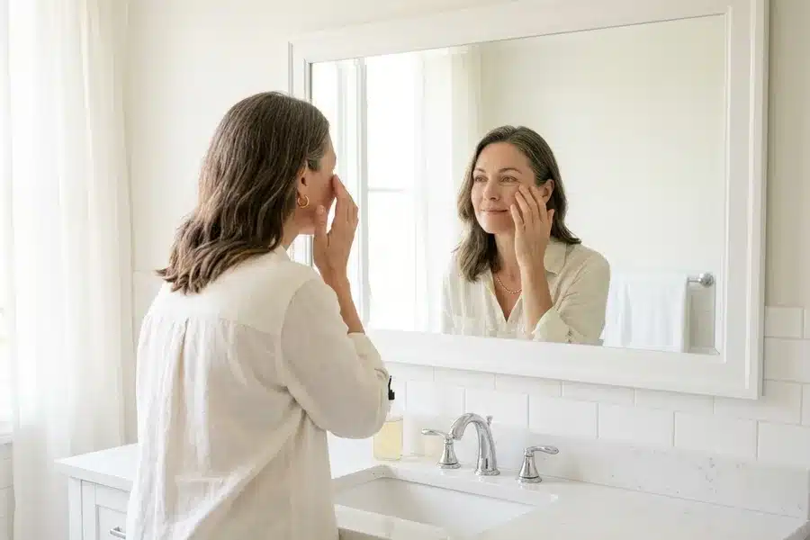 Précautions après blépharoplastie : examen du regard au miroir Femme examinant ses paupières dans un miroir après blépharoplastie