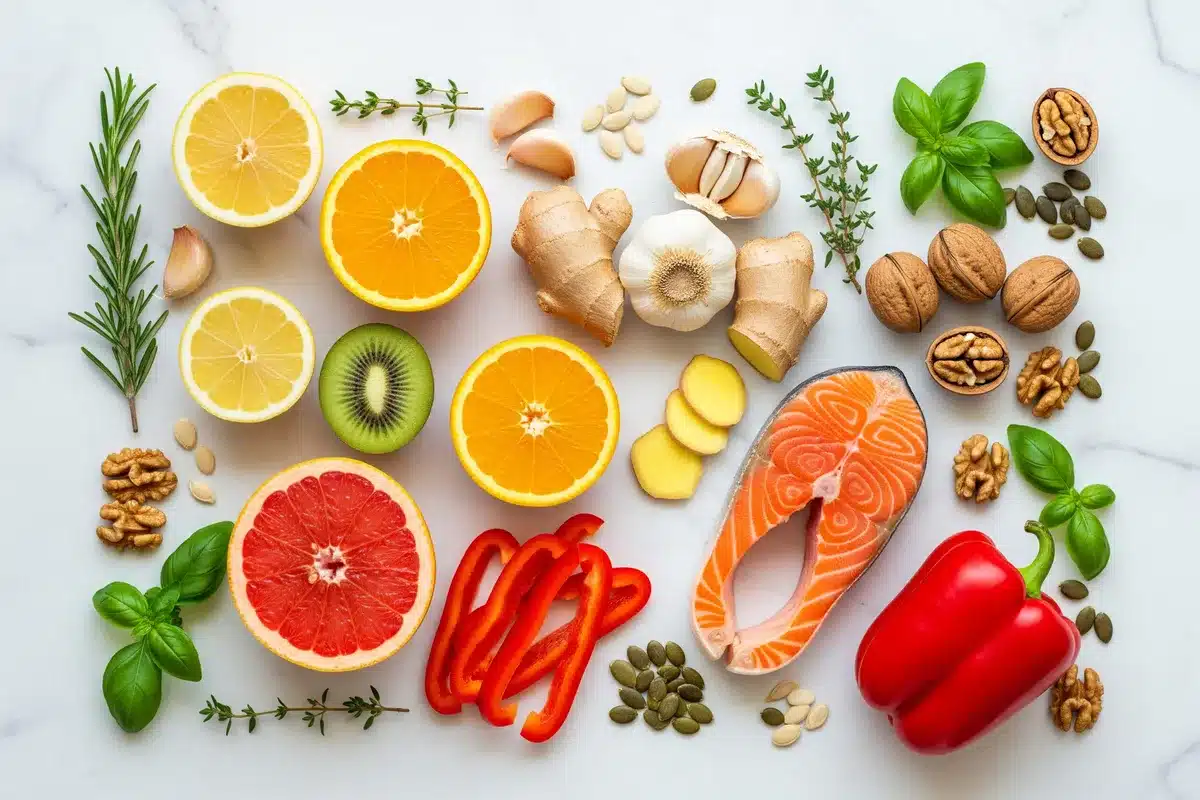 Aliments pour renforcer le système immunitaire Aliments riches en vitamines pour renforcer son système immunitaire : agrumes, ail, noix, saumon et graines