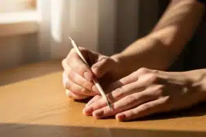 Mains féminines tenant un repousse-cuticules en bois sur table en bois chêne clair, lumière naturelle