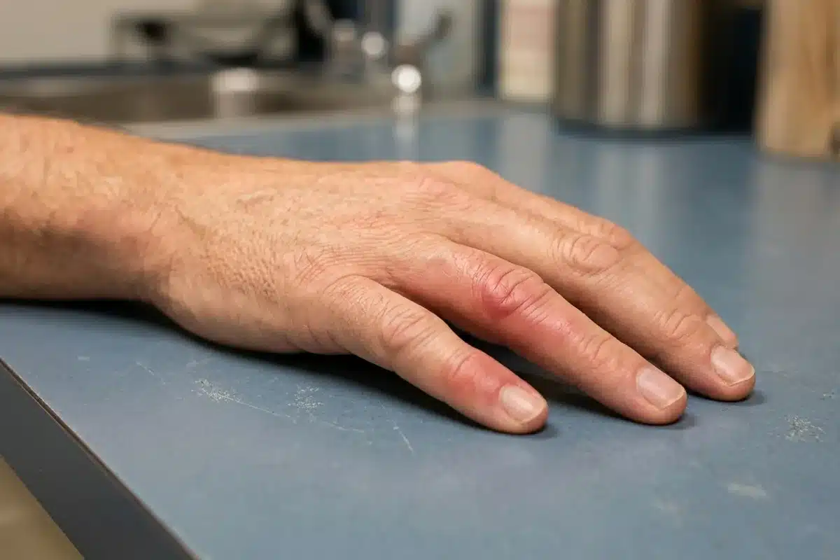 Main avec rougeur autour de l'ongle Main posée sur surface bleu-gris, légère rougeur visible autour d'un ongle, signe d'inflammation péri-unguéale