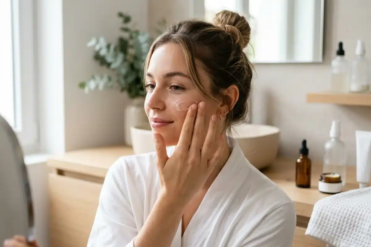 Femme appliquant un soin ciblé sur le visage pour peau acnéique
