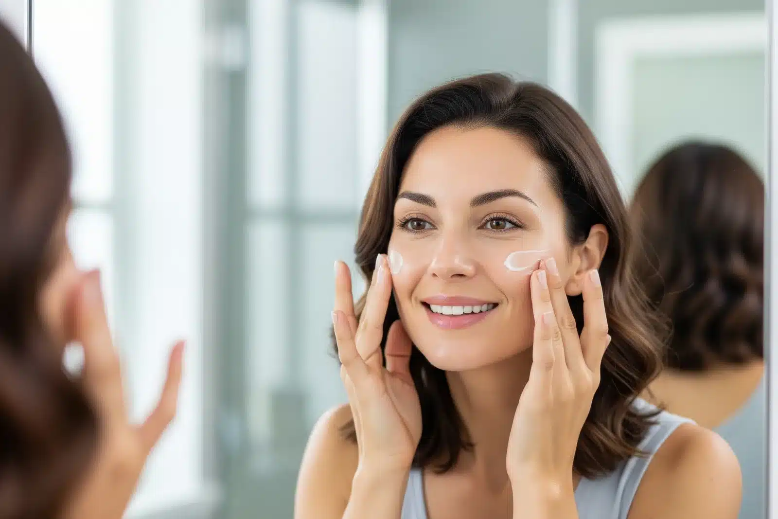 Routine de soins contre l’acné : soin hydratant quotidien Femme appliquant une crème hydratante dans le cadre d'une routine de soins anti-acné