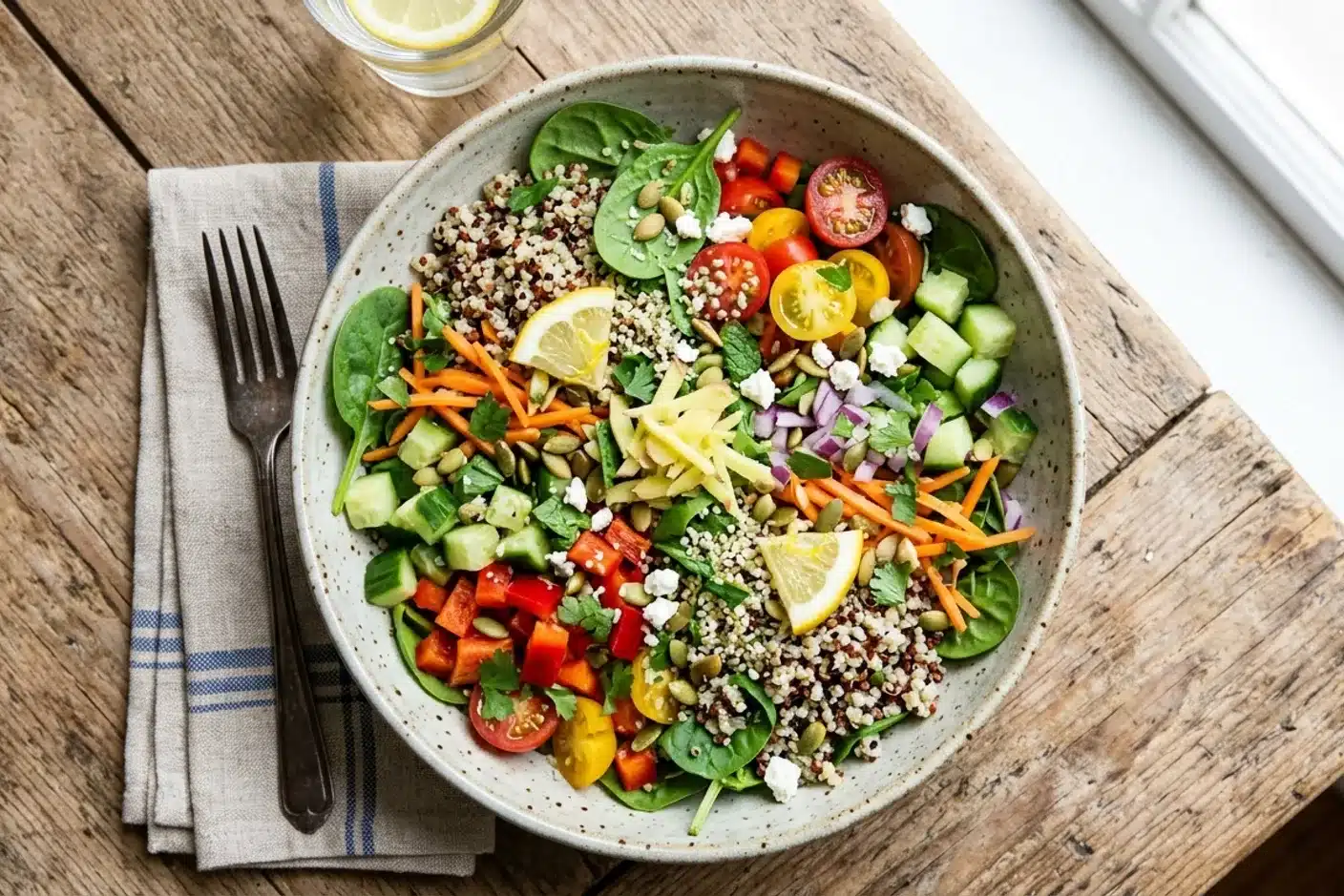 Salade de quinoa au gingembre et citron Bol de salade de quinoa au gingembre et citron vu de dessus, recette anti-inflammatoire