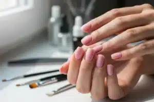 Mains féminines avec vernis semi-permanent rose nacré appliqué sur les ongles naturels