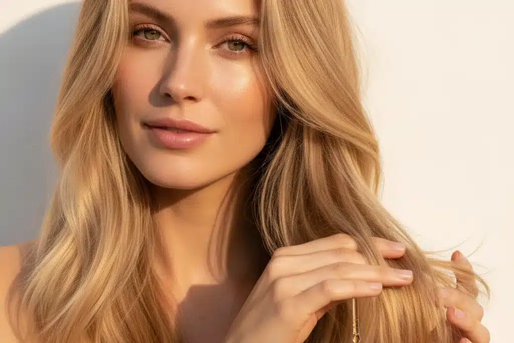 Soin UV pour cheveux blonds Femme protégeant ses cheveux blonds du soleil avec une huile capillaire