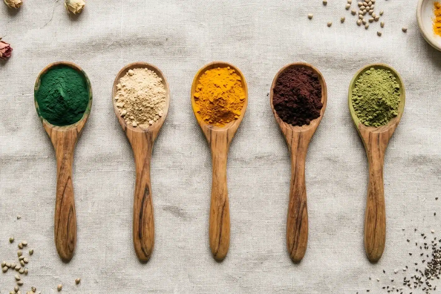 Poudres de superaliments : spiruline, maca et curcuma Poudres de superaliments en cuillères en bois sur tissu naturel : spiruline verte, maca beige et curcuma doré