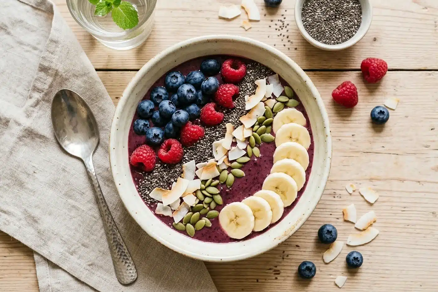Intégrer les superaliments au quotidien : smoothie bowl Bowl de smoothie aux superaliments avec graines de chia, fruits rouges frais et flocons de coco en topping