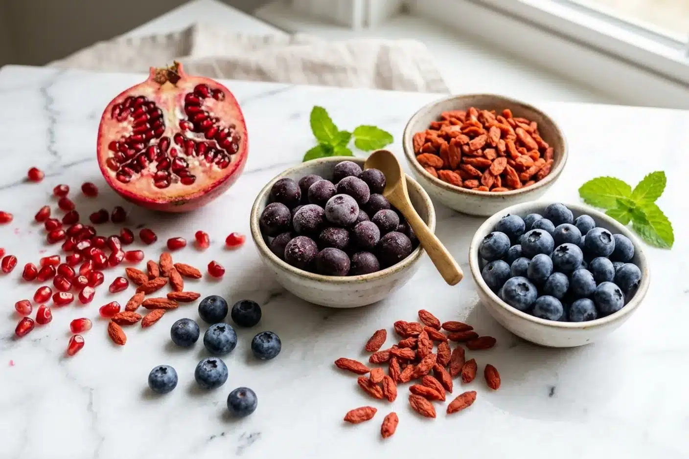 Superfruits riches en antioxydants : grenade, goji, myrtilles Assortiment de superfruits sur fond de marbre blanc : grains de grenade, baies de goji, myrtilles et açaï
