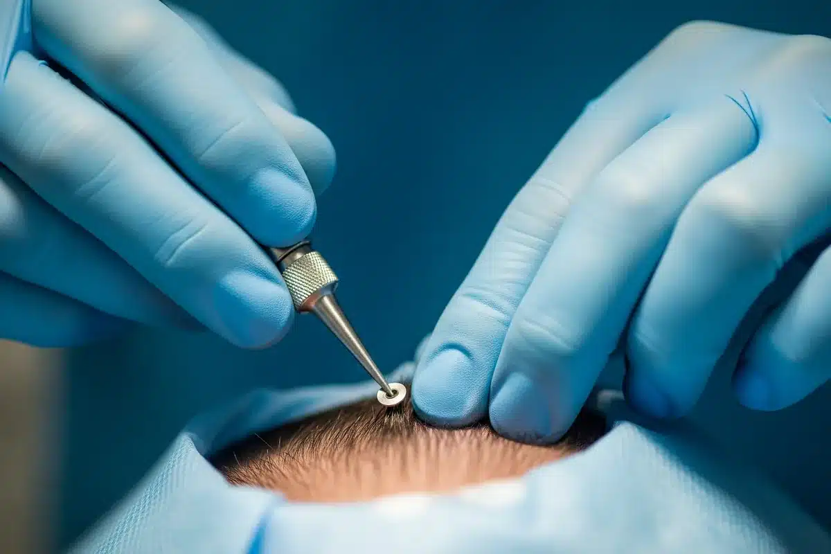 Chirurgien pratiquant une greffe de cheveux par technique FUE avec un micro-punch