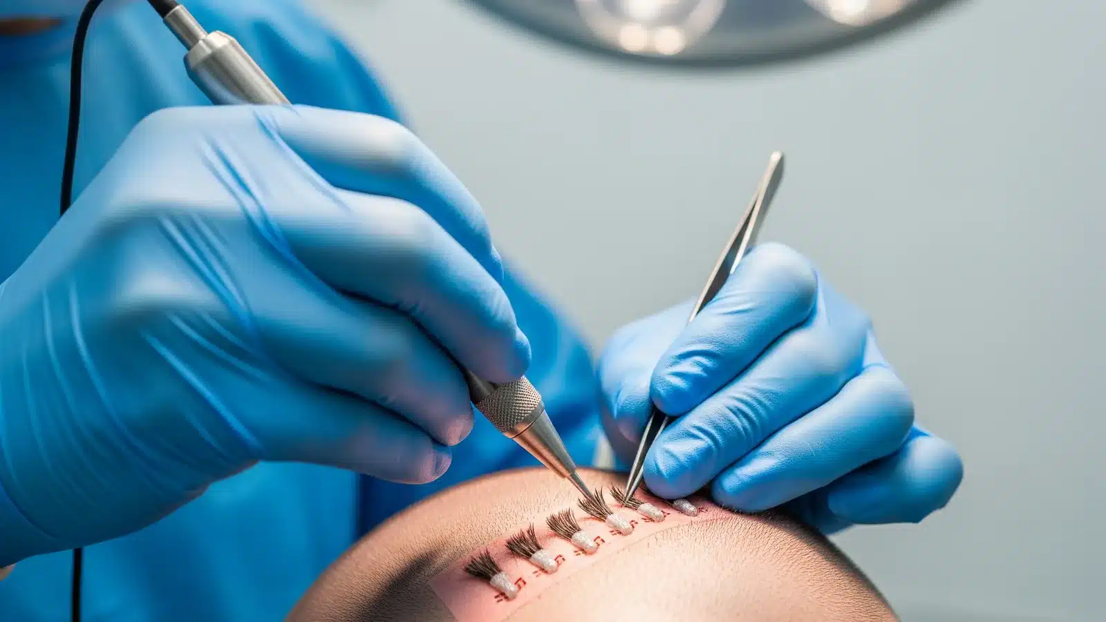 Spécialiste réalisant une technique de greffe de cheveux en clinique