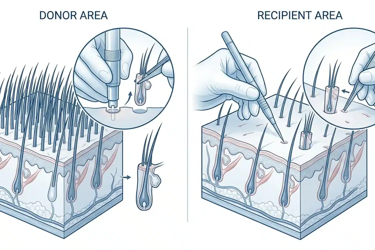 Illustration des techniques FUT et FUE de greffe de cheveux