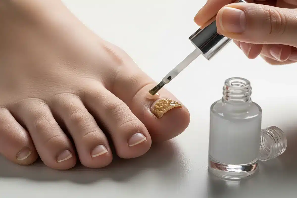 Traitement antifongique mycose des ongles Application d'un vernis antifongique sur un ongle atteint de mycose