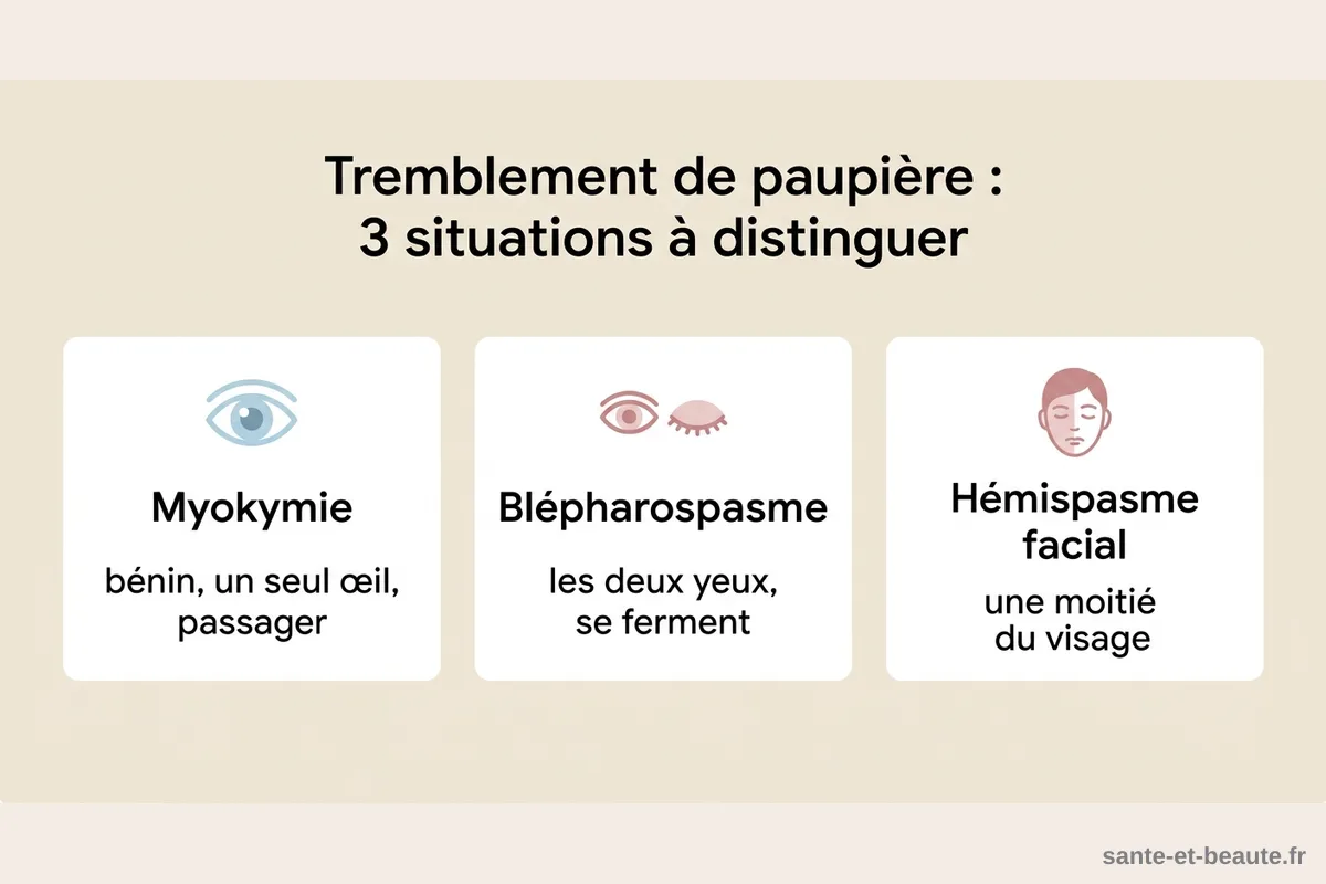Tremblement de paupière : 3 situations à distinguer Schéma comparant myokymie, blépharospasme et hémispasme facial
