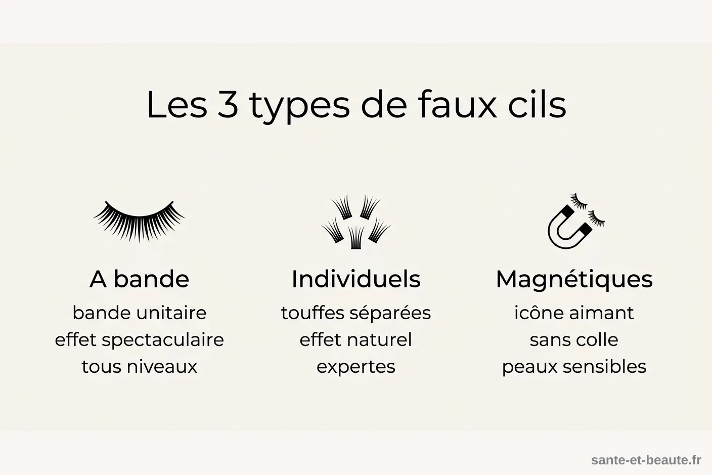 Comparatif des 3 types de faux cils Infographie comparant les faux cils à bande, individuels et magnétiques selon leur pose et leur rendu
