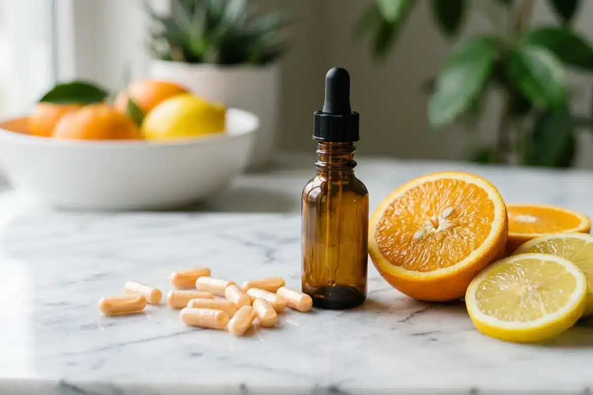 Compléments de vitamine C liposomale en gélules et flacon posés sur fond blanc avec des agrumes
