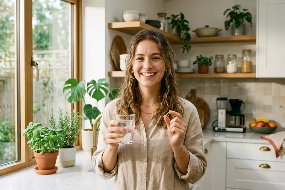 Femme souriante tenant un verre d'eau et une gélule de vitamine C liposomale dans une cuisine lumineuse