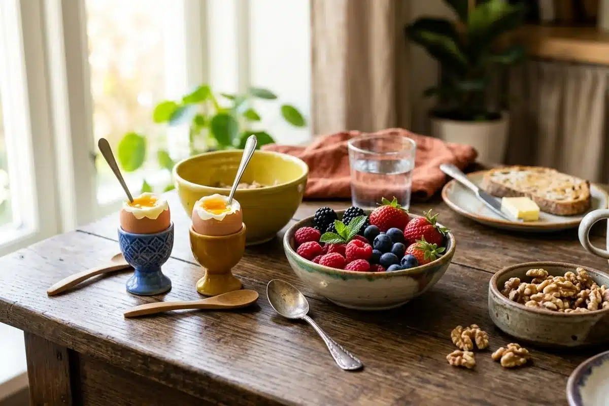 Petit-déjeuner équilibré pour cheveux et ongles forts Oeufs à la coque, fruits rouges et noix dans des bols colorés, alimentation équilibrée pour des cheveux forts