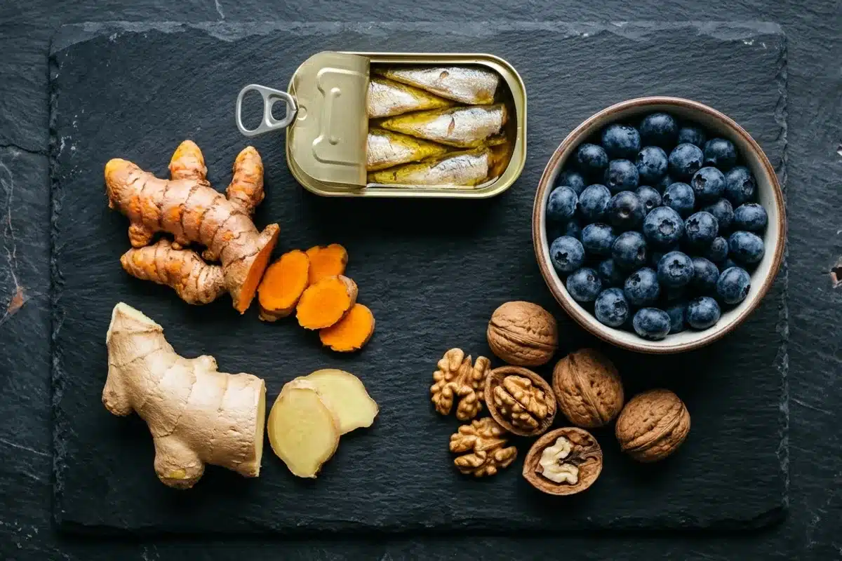 Aliments anti-inflammatoires curcuma gingembre fruits rouges Vue de dessus d'aliments anti-inflammatoires : curcuma, gingembre, myrtilles, noix et sardines sur fond ardoise