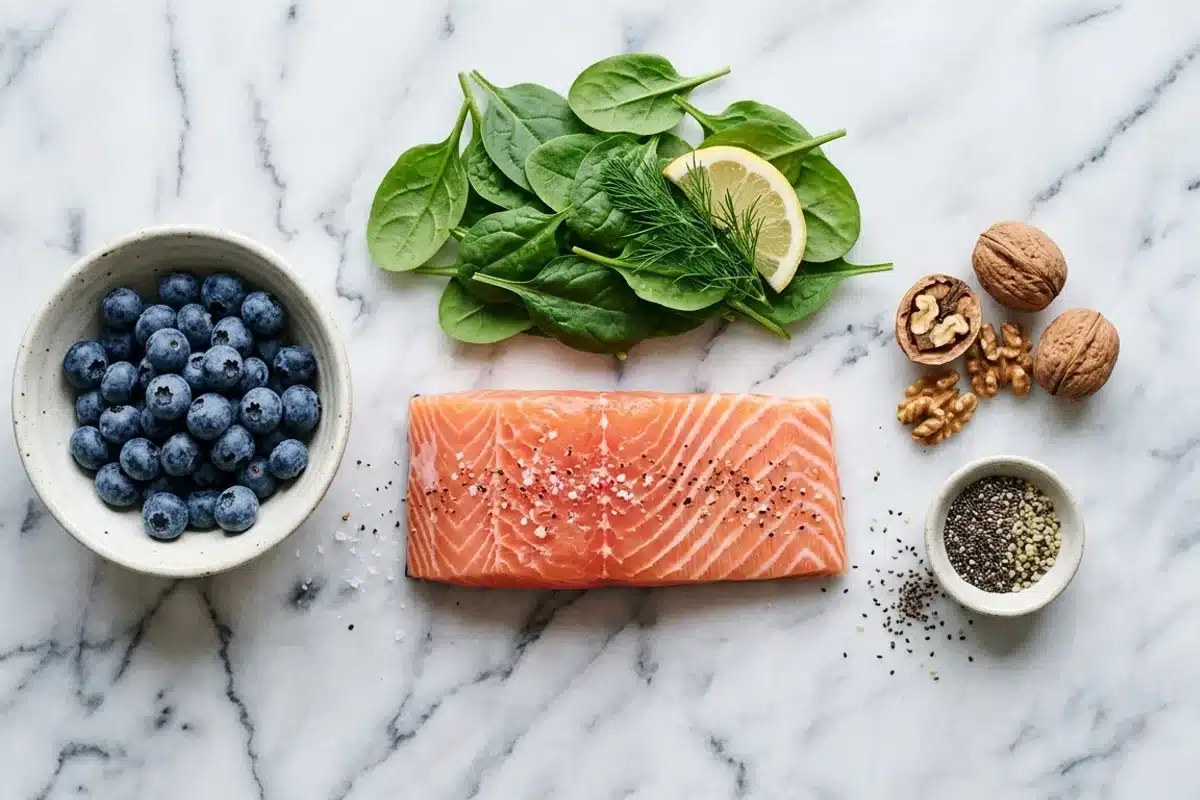 Flat-lay d'aliments anti-acné riches en oméga-3 : saumon frais, myrtilles, épinards et noix sur fond marbre blanc