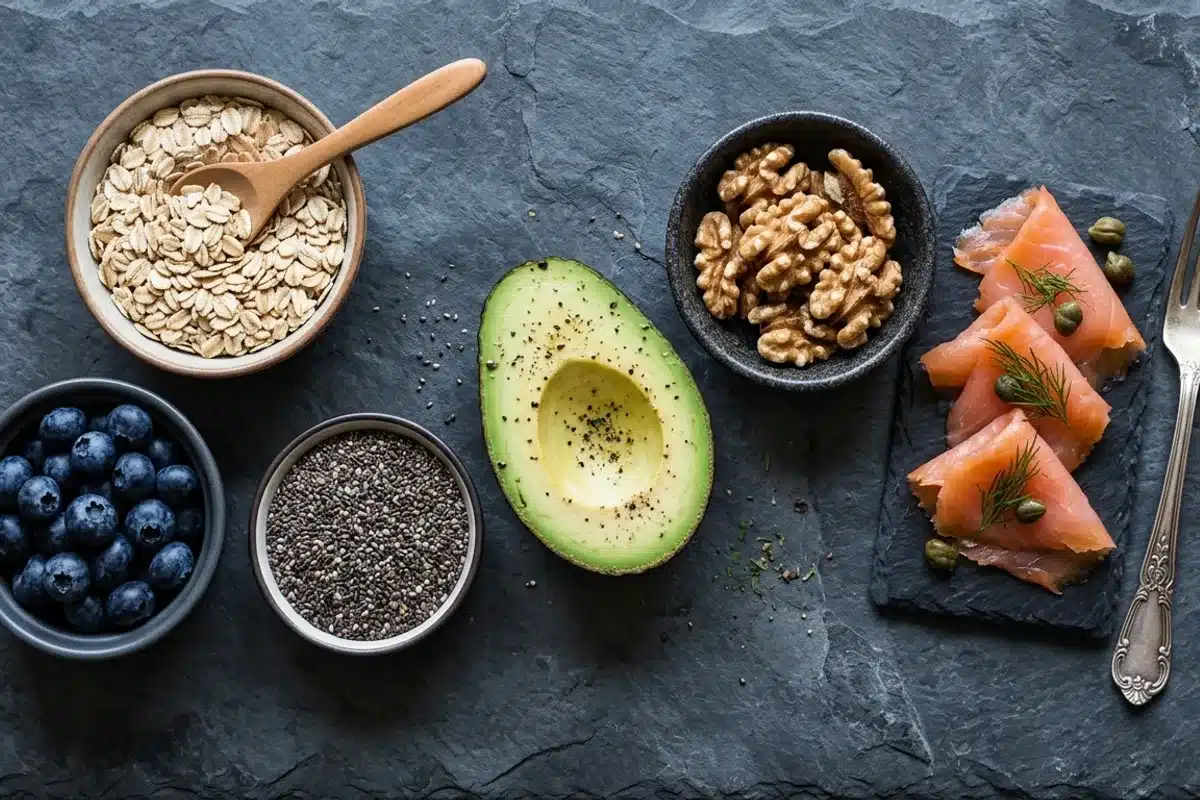 Aliments anti-inflammatoires du petit-déjeuner en flat-lay Vue de dessus des aliments anti-inflammatoires du matin : flocons d'avoine, myrtilles, graines de chia, noix et saumon fumé sur ardoise