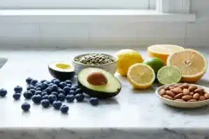 Aliments frais pour cheveux et ongles sur un plan en marbre : myrtilles, avocat, agrumes, amandes et graines