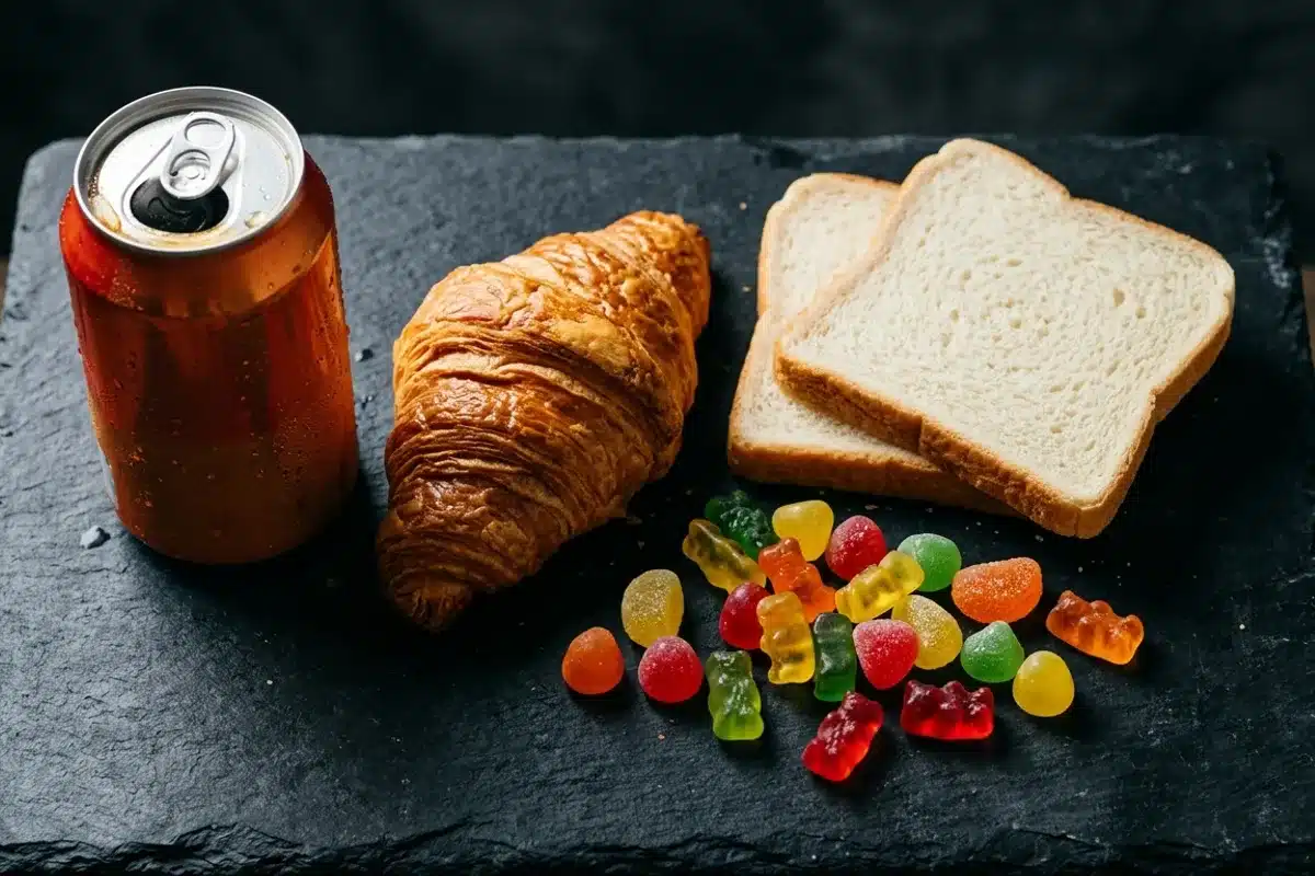 Aliments pro-inflammatoires à fort index glycémique sur fond sombre : canette de soda, croissant, pain blanc et bonbons colorés