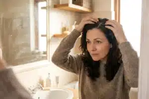 Femme d'âge mûr examinant son cuir chevelu et sa raie devant le miroir