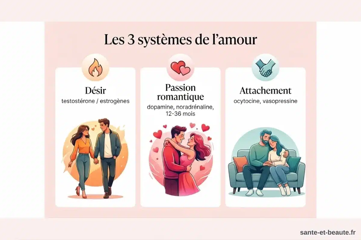 Les 3 systèmes de l'amour : désir, passion romantique, attachement Infographie : les 3 systèmes neurologiques de l'amour — désir (testostérone), passion romantique (dopamine, 12-36 mois), attachement (ocytocine)